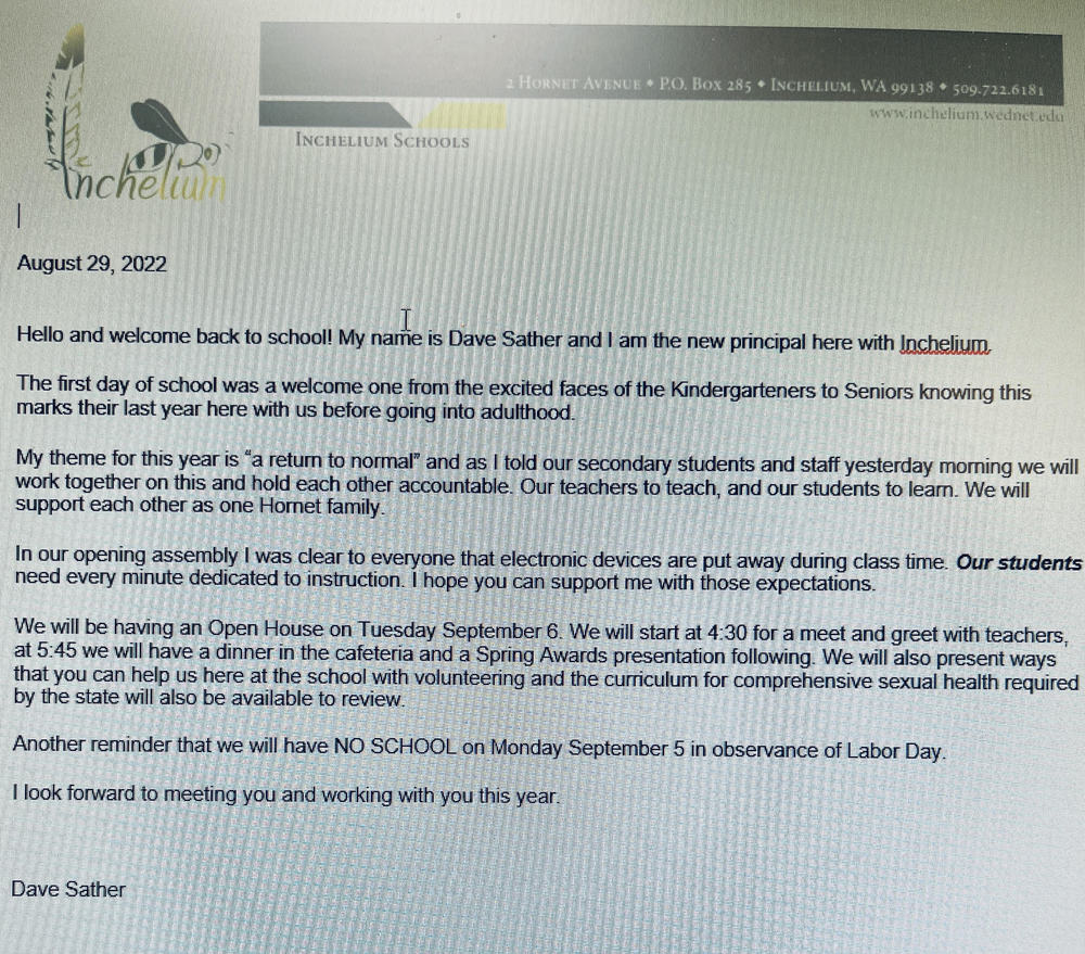 Welcome back letter from Principal!